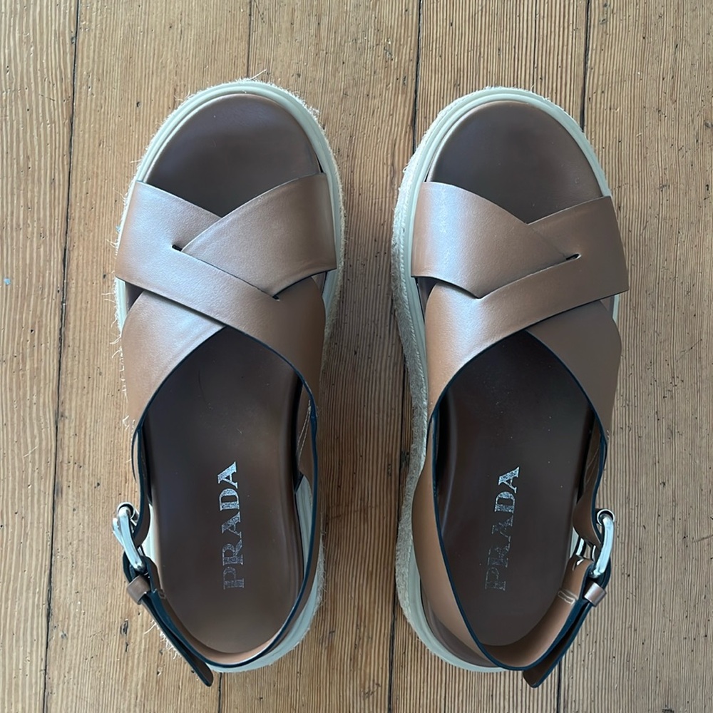 Prada tan leather platform sandals